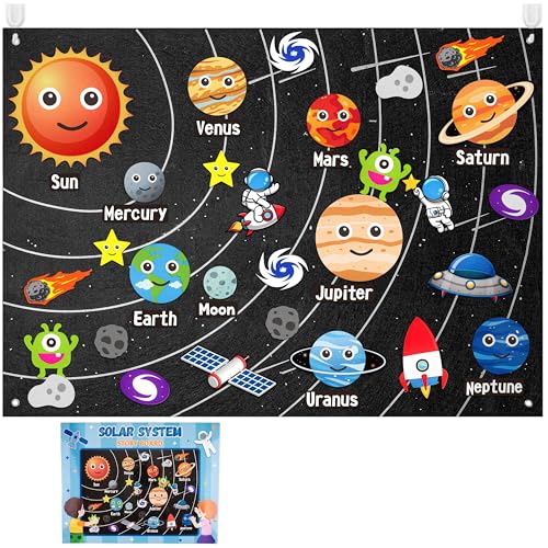 WATINC 44Pcs Outer Space Felt Story Board Set 35 Ft Solar System Universe Storytelling Flannel Interactive Play Kit with Hooks Astronaut Planets Alien Galaxy Reusable Wall Hanging Gift for Boys Girls - Image 1
