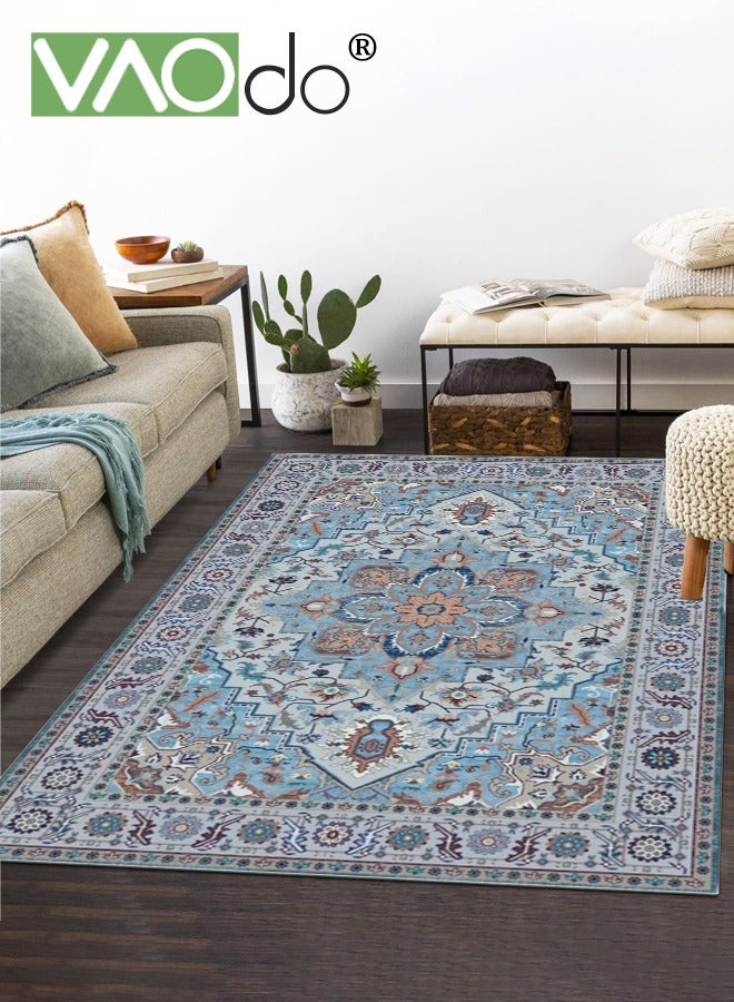 فاو دو سجادة بوهو مستطيلة الشكل، سجادة أرضية منخفضة الوبر زهرية غير قابلة للانزلاق، سجادة كلاسيكية مقاومة للبقع، سجادة عتيقة مقاومة للبقع قابلة للغسل في الغسالة أزرق 140 × 200 سم - Image 4