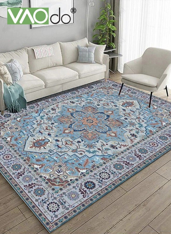 فاو دو سجادة بوهو مستطيلة الشكل، سجادة أرضية منخفضة الوبر زهرية غير قابلة للانزلاق، سجادة كلاسيكية مقاومة للبقع، سجادة عتيقة مقاومة للبقع قابلة للغسل في الغسالة أزرق 140 × 200 سم - Image 2