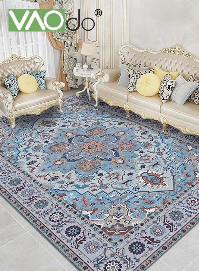 فاو دو سجادة بوهو مستطيلة الشكل، سجادة أرضية منخفضة الوبر زهرية غير قابلة للانزلاق، سجادة كلاسيكية مقاومة للبقع، سجادة عتيقة مقاومة للبقع قابلة للغسل في الغسالة أزرق 140 × 200 سم - Image 1