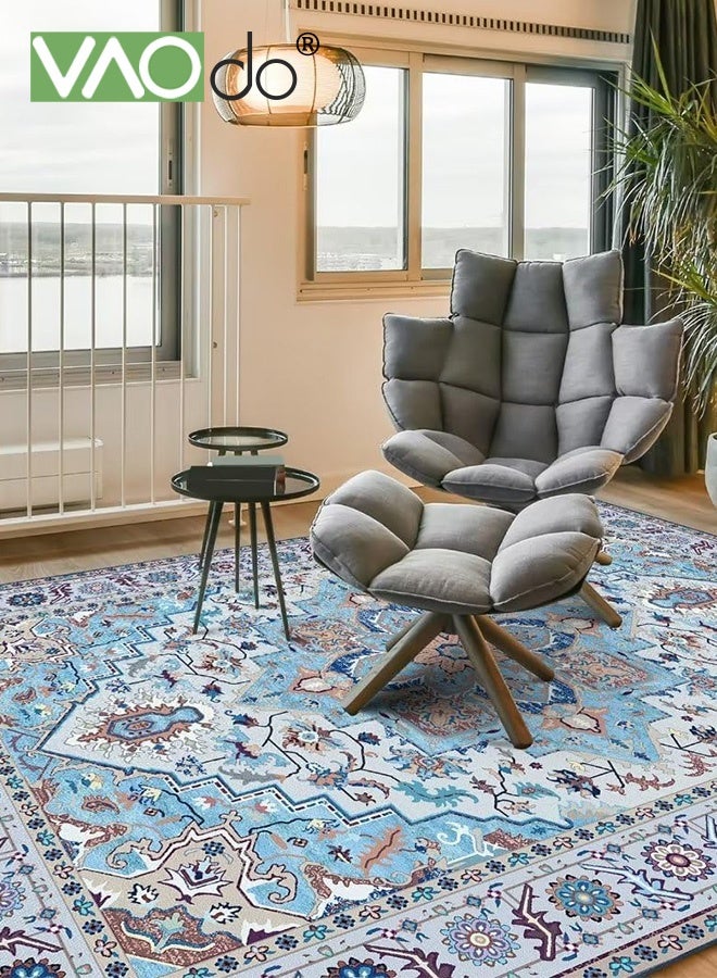 فاو دو سجادة بوهو مستطيلة الشكل، سجادة أرضية منخفضة الوبر زهرية غير قابلة للانزلاق، سجادة كلاسيكية مقاومة للبقع، سجادة عتيقة مقاومة للبقع قابلة للغسل في الغسالة أزرق 140 × 200 سم - Image 3
