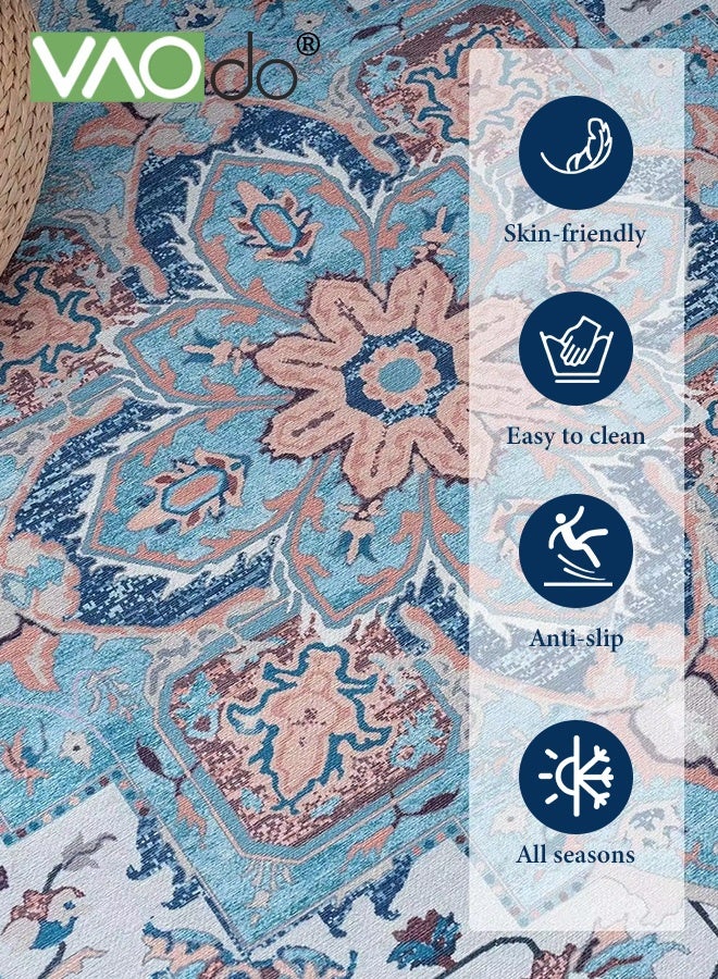 فاو دو سجادة بوهو مستطيلة الشكل، سجادة أرضية منخفضة الوبر زهرية غير قابلة للانزلاق، سجادة كلاسيكية مقاومة للبقع، سجادة عتيقة مقاومة للبقع قابلة للغسل في الغسالة أزرق 140 × 200 سم - Image 5