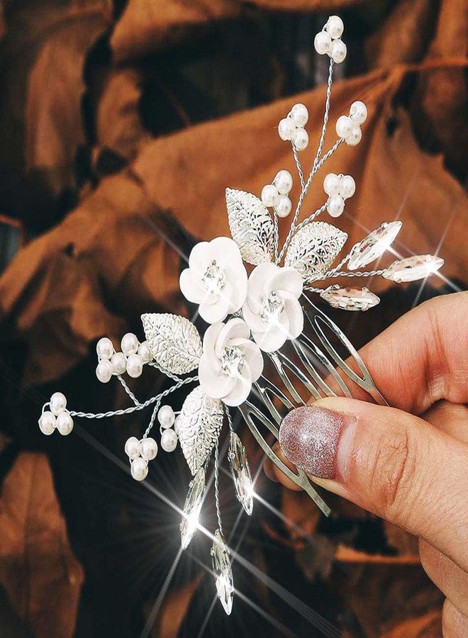 Latious Flower Wedding Hair Comb Silver Bridal Hair Clips Pearl Hair Accessorie for Brides and Women (Silver) - Image 1
