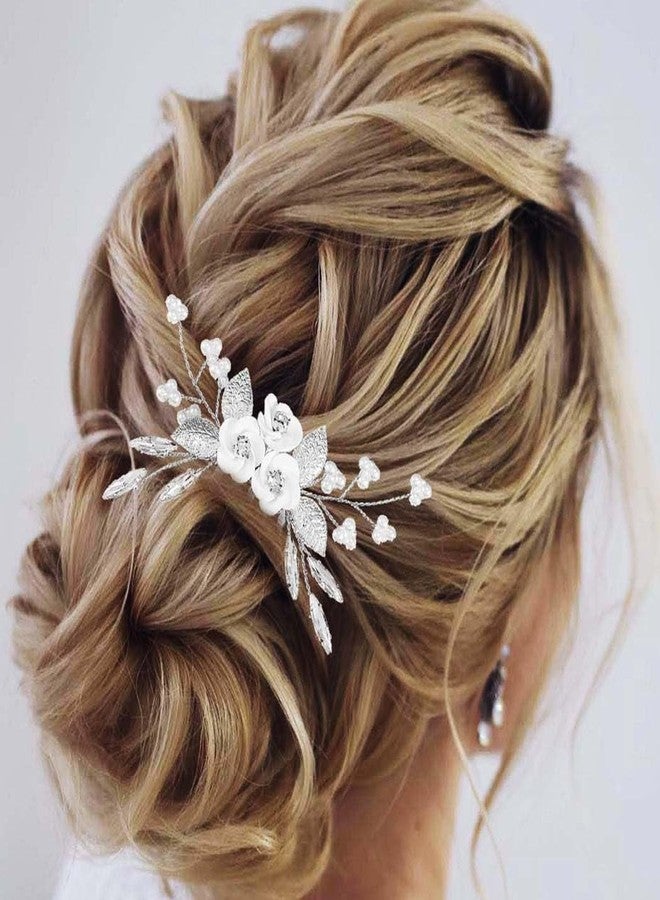Latious Flower Wedding Hair Comb Silver Bridal Hair Clips Pearl Hair Accessorie for Brides and Women (Silver) - Image 2
