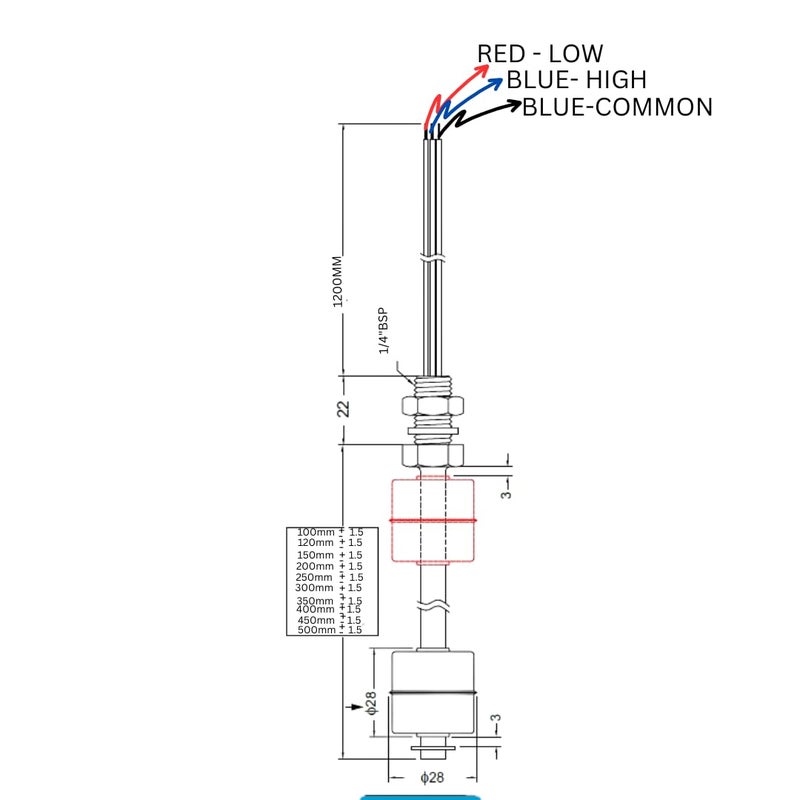 VIGITAL Level Sensor One Float Two Switch 200mm Length 15m Wire HighLow Water Detection  - Image 4