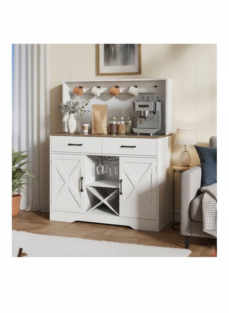 لاكجوري هوم خزانة جانبية وطاولة بوفيه متعددة الأغراض للمطبخ وغرفة المعيشة، خزانة وحدة تحكم للمطبخ وغرفة الطعام، خزانة تخزين مطبخ كبيرة مع درجين وخزانتين ورفين ورف معلق عالي 106*40*130 سم باللون الأبيض - Image 1