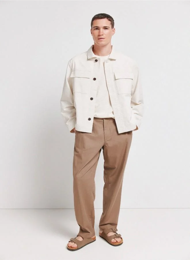 Springfield 2% organic cotton and linen blend button fastening chest patch pockets side pockets decorative label detail overshirt