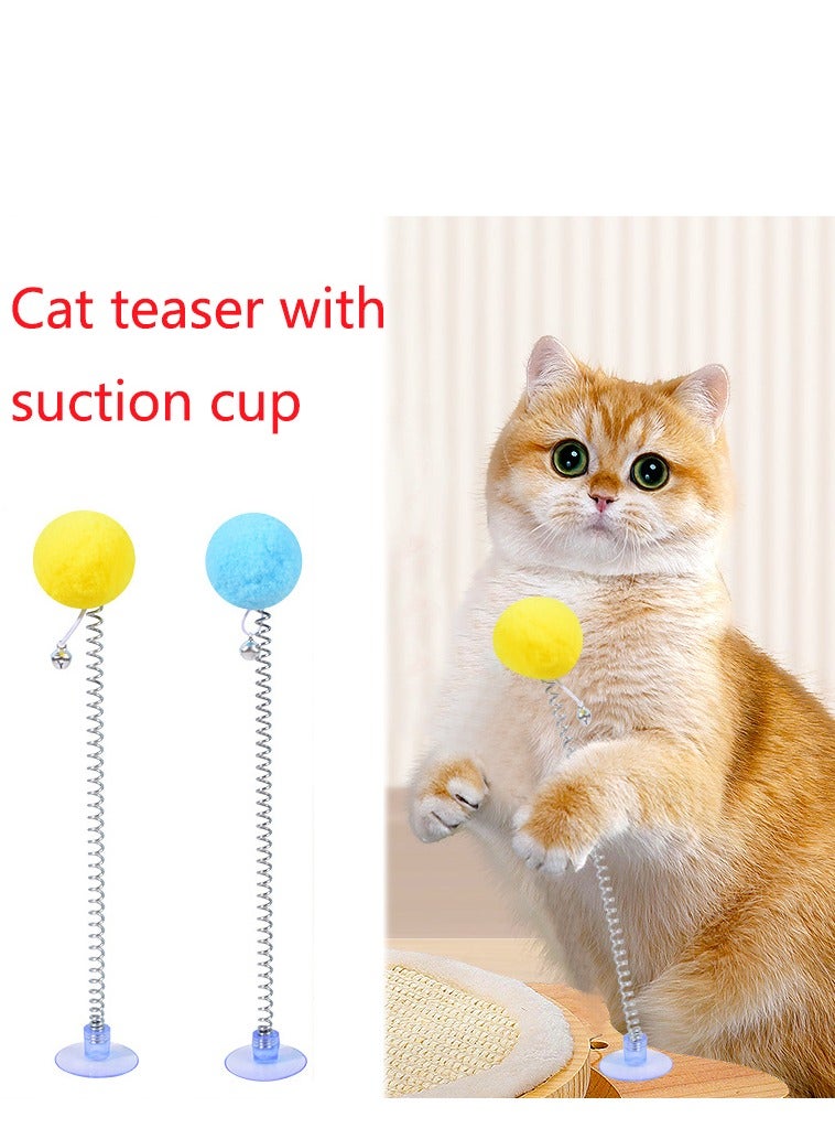 2 Pieces Colorful Spring Ball Cat Toys - No Installation Required, Suitable for Kitten Interactive Play, Vibrant Yellow, Blue Pom Poms on Elastic Springs, Great for Small Cats, Indoor Cat Activities | Playful Design | Colorful Design - Image 1