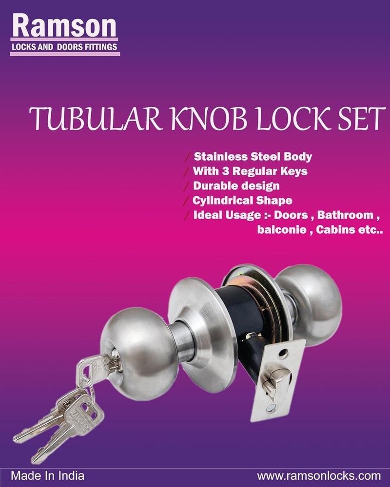 Ramson Stainless Steel Tubular Knob Set 5791(SS Finish) with Regular Key - Image 1