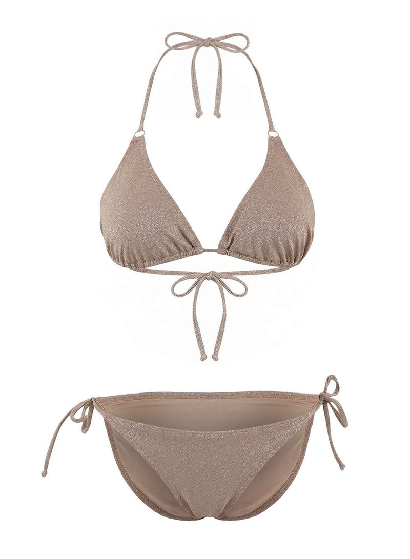 trendyol Mink Glitter Triangle Covered Buckle Regular Waist Regular Bikini Set - Image 5