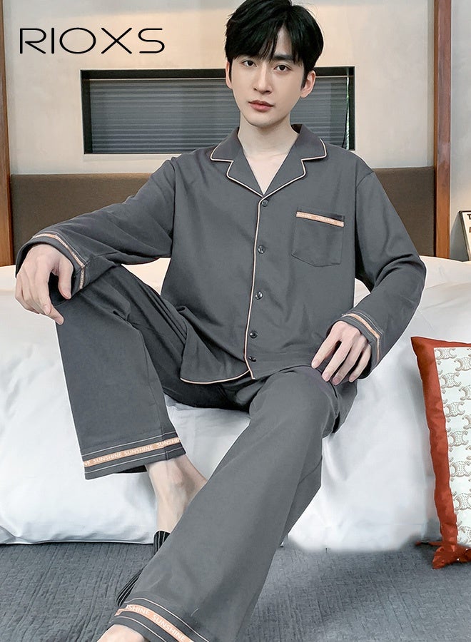 RIOXS Men's 2 Pieces Nightwear Suit Soft Cotton Long Sleeve Pajamas V Neck Buttons Tops & Long Loose Straight Leg Pants Teen Casual Cardigan Homewear Lapel Breathable Set - Image 2