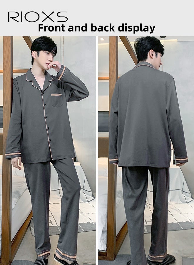 RIOXS Men's 2 Pieces Nightwear Suit Soft Cotton Long Sleeve Pajamas V Neck Buttons Tops & Long Loose Straight Leg Pants Teen Casual Cardigan Homewear Lapel Breathable Set - Image 4