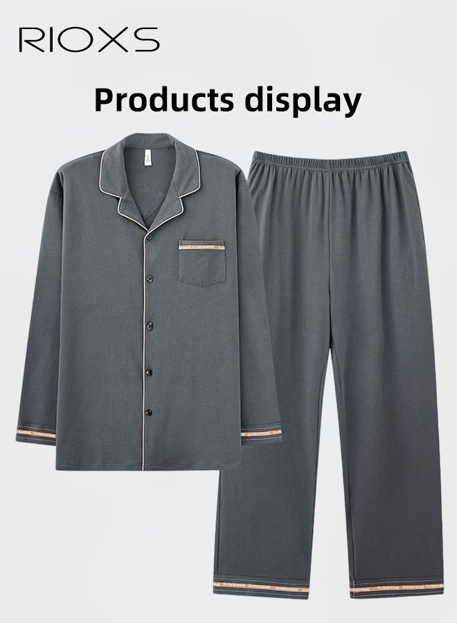 RIOXS Men's 2 Pieces Nightwear Suit Soft Cotton Long Sleeve Pajamas V Neck Buttons Tops & Long Loose Straight Leg Pants Teen Casual Cardigan Homewear Lapel Breathable Set - Image 5