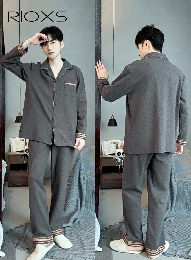 RIOXS 2 Pieces Men's Pajama Set, Soft Breathable Cotton Long Sleeve Pajamas for Men, V Neck Button Up  Lapel Collar Tops and Long Loose Straight Leg Pants, Casual Comfortable Lounge Nightwear Homewear Set for Hotel Vacation Home Pajama Parties and More, Grey - Image 2