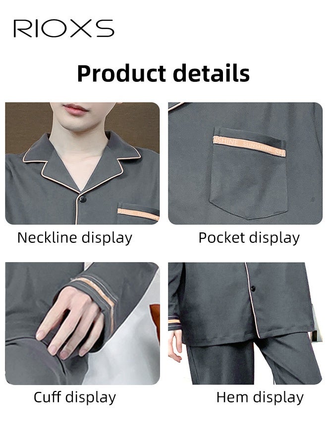 RIOXS 2 Pieces Men's Pajama Set, Soft Breathable Cotton Long Sleeve Pajamas for Men, V Neck Button Up  Lapel Collar Tops and Long Loose Straight Leg Pants, Casual Comfortable Lounge Nightwear Homewear Set for Hotel Vacation Home Pajama Parties and More, Grey - Image 3