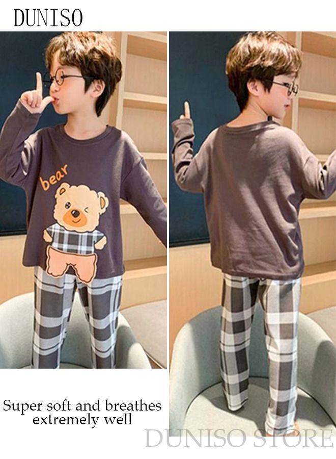 DUNISO 2-Piece Boy's Soft Pajamas Set Long Sleeve Cotton Sleepwear Loungewear Round Neck Nightwear Pajama Sets Spring And Autumn Home Wear Long Sleeve Top And Pants - Image 3