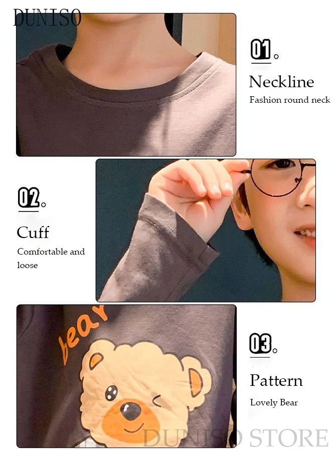 DUNISO 2-Piece Boy's Soft Pajamas Set Long Sleeve Cotton Sleepwear Loungewear Round Neck Nightwear Pajama Sets Spring And Autumn Home Wear Long Sleeve Top And Pants - Image 2