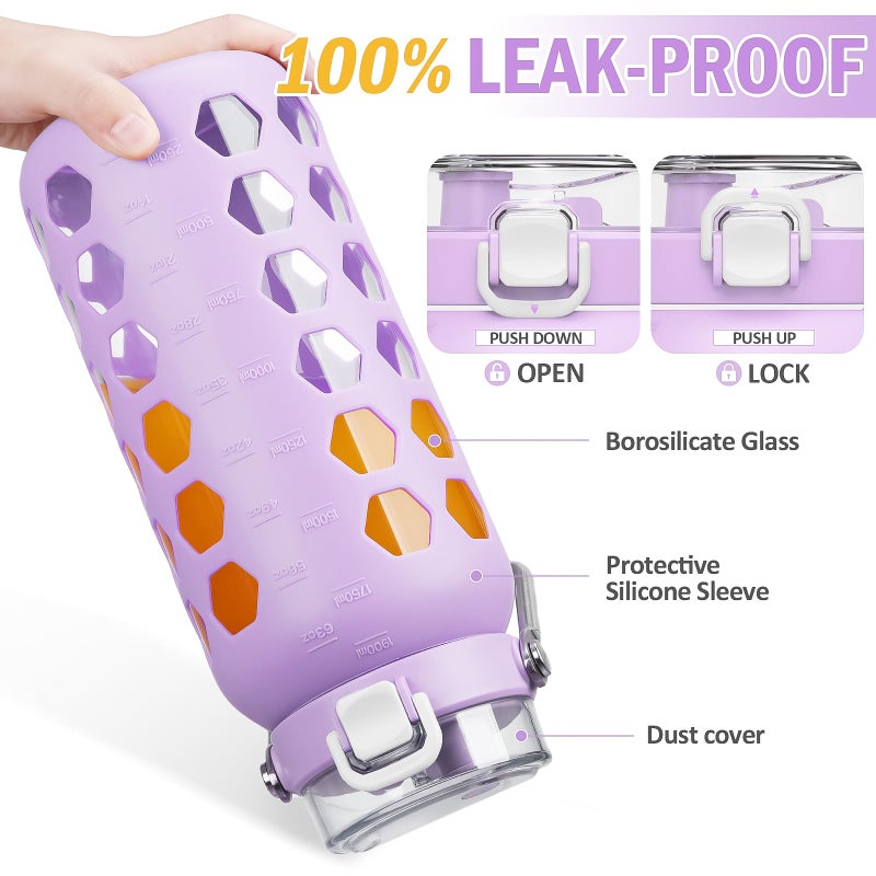 MUKOKO 64oz Glass Water Bottles with Straw and Lid,Half Gallon Water Bottle with Time Marker,Large Glass Water Jug with Silicone Sleeve and Stainless Steel Handle-Purple - Image 4