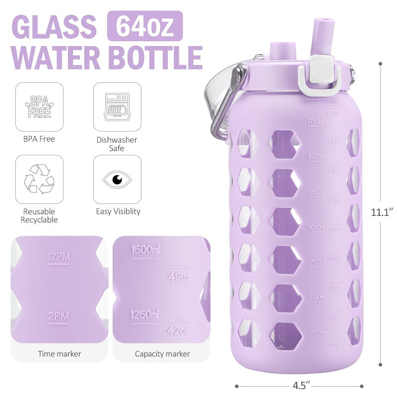 MUKOKO 64oz Glass Water Bottles with Straw and Lid,Half Gallon Water Bottle with Time Marker,Large Glass Water Jug with Silicone Sleeve and Stainless Steel Handle-Purple - Image 3