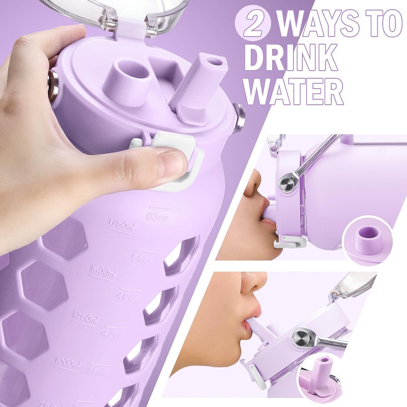 MUKOKO 64oz Glass Water Bottles with Straw and Lid,Half Gallon Water Bottle with Time Marker,Large Glass Water Jug with Silicone Sleeve and Stainless Steel Handle-Purple - Image 5