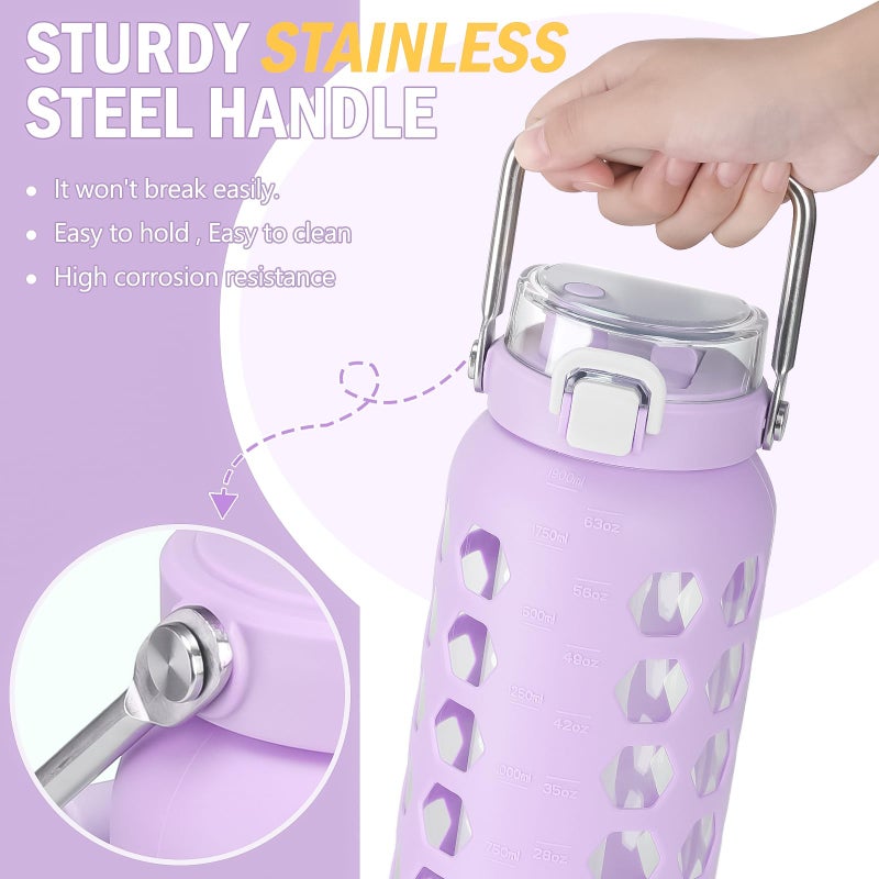 MUKOKO 64oz Glass Water Bottles with Straw and Lid,Half Gallon Water Bottle with Time Marker,Large Glass Water Jug with Silicone Sleeve and Stainless Steel Handle-Purple - Image 2