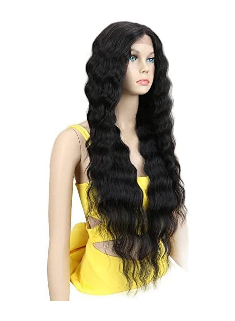 إستيل شعر مستعار أمامي من الدانتيل من Estelle بطول 24 بوصة شعر مستعار صناعي مموج طويل 4.5 بوصة دانتيل شفاف عالي الدقة بجزء عميق للنساء 130٪ شعر مستعار بكثافة (أسود اللون) - Image 3