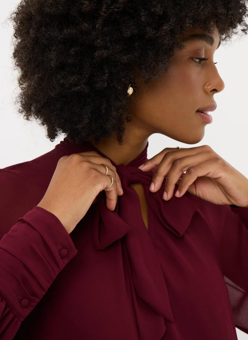 ماتلان Burgundy Tie Neck Boho Blouse