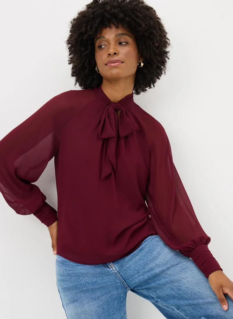 ماتلان Burgundy Tie Neck Boho Blouse