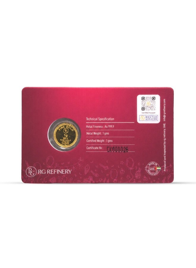 RG REFINERY Rafmoh Bullion 1 Gram 24k Gold Coin with Happy Birthday Design - 1 Gram Gold Coin 24KT 999.9 Purity - Image 4