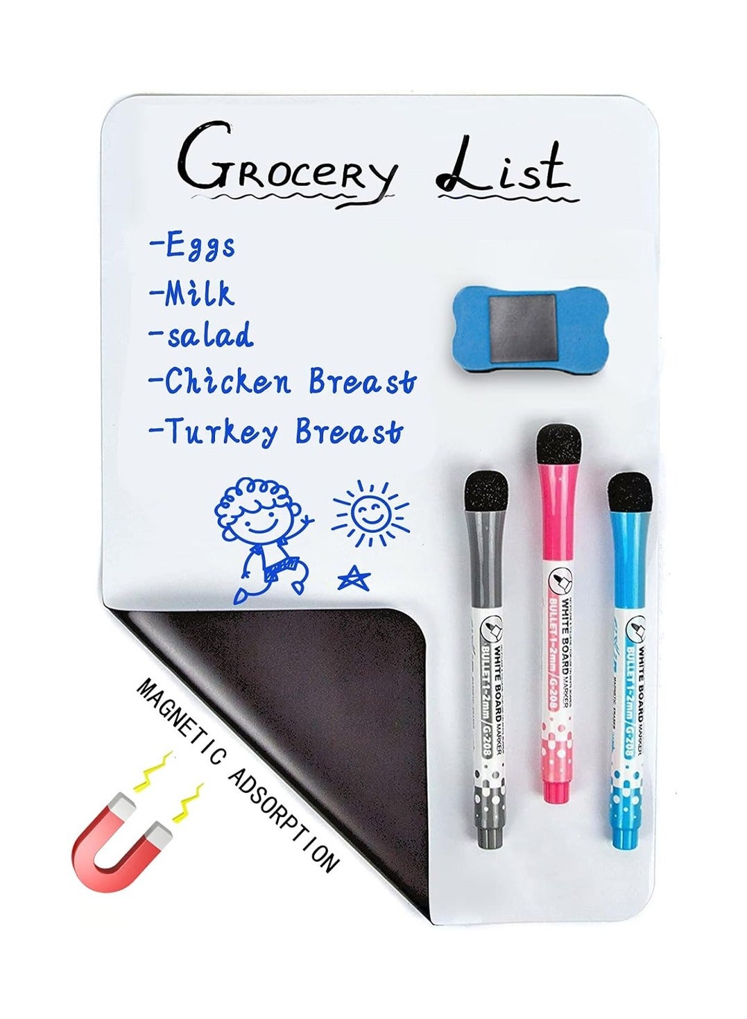 Magnetic Dry Erase White Board Sheet for Fridge , Whiteboard, 3 Pens and Eraser - Refrigerator White Board Planner & Organizer (30*21cm)