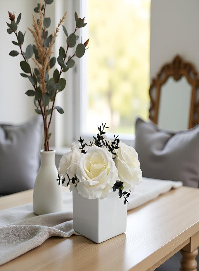 NAWEIDA Artificial Flowers with Vase, White Rose Faux Floral Arrangement with Black Eucalyptus, Minimalist Small Flower Decor for Desk, Coffee Table, Modern Home Decoration - Image 5