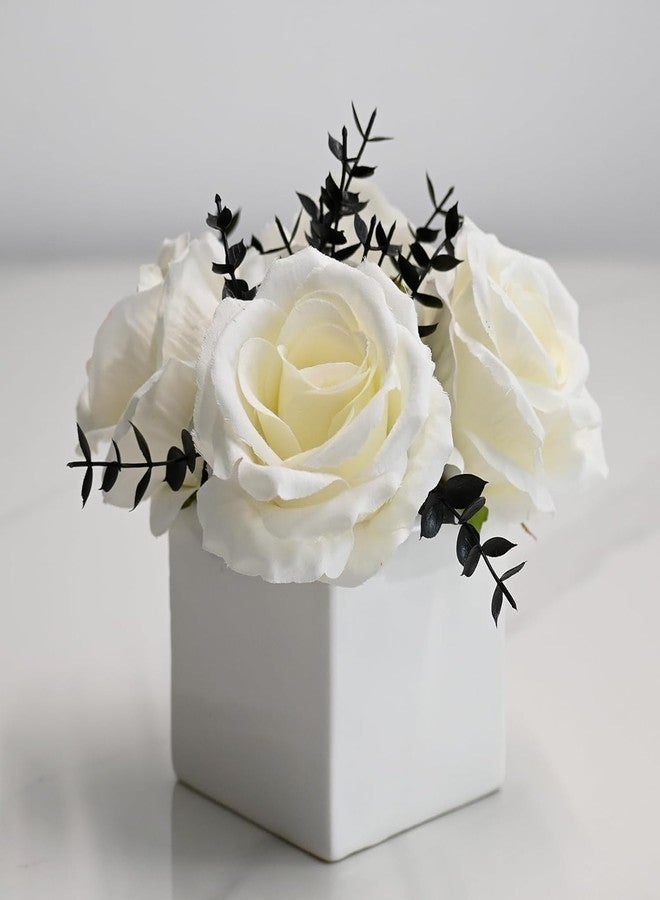 NAWEIDA Artificial Flowers with Vase, White Rose Faux Floral Arrangement with Black Eucalyptus, Minimalist Small Flower Decor for Desk, Coffee Table, Modern Home Decoration - Image 1