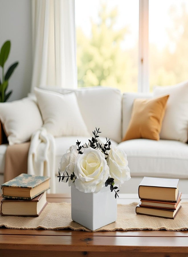 NAWEIDA Artificial Flowers with Vase, White Rose Faux Floral Arrangement with Black Eucalyptus, Minimalist Small Flower Decor for Desk, Coffee Table, Modern Home Decoration - Image 3