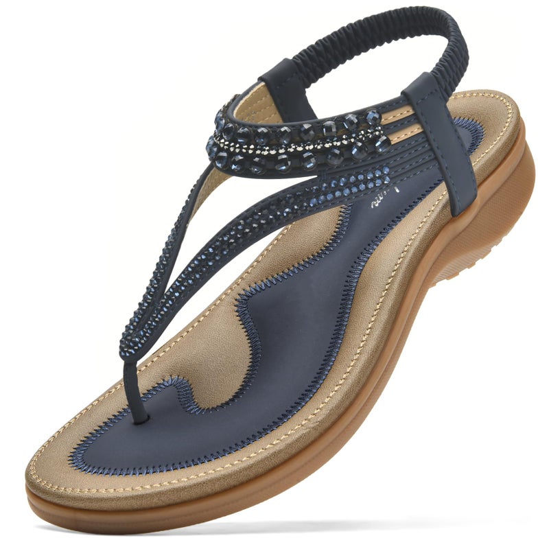 Littleplum Women Arch Support Sandals Rhinestone Casual Wear Flat Sandals Dressy T-Strap Thong Sandals Blue Size 8.5 - Image 1