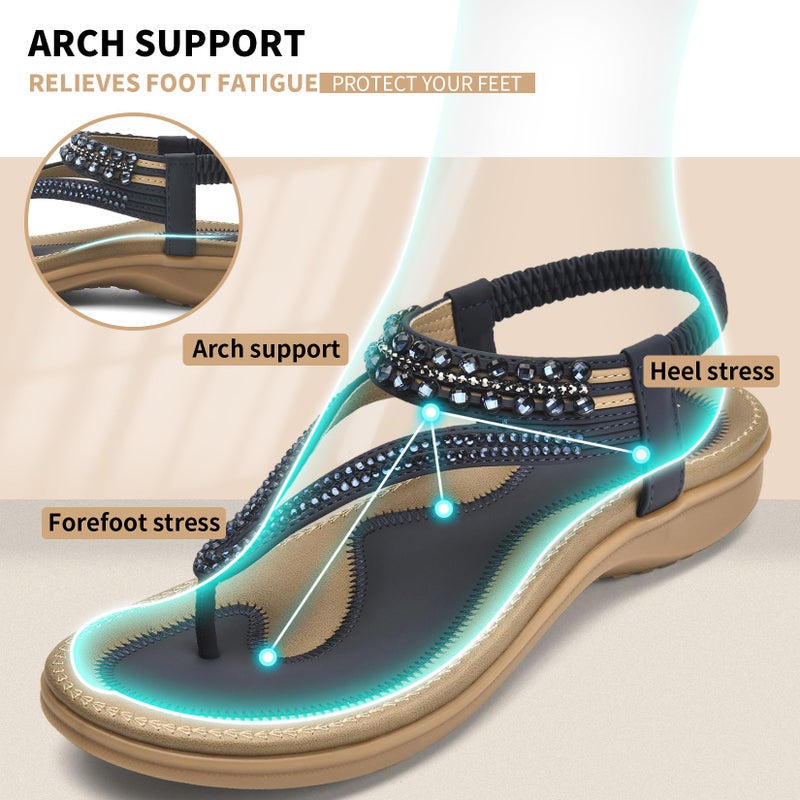 Littleplum Women Arch Support Sandals Rhinestone Casual Wear Flat Sandals Dressy T-Strap Thong Sandals Blue Size 8.5 - Image 2