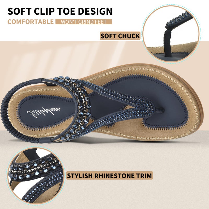 Littleplum Women Arch Support Sandals Rhinestone Casual Wear Flat Sandals Dressy T-Strap Thong Sandals Blue Size 8.5 - Image 4