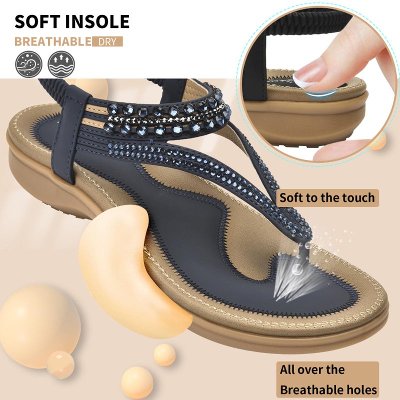 Littleplum Women Arch Support Sandals Rhinestone Casual Wear Flat Sandals Dressy T-Strap Thong Sandals Blue Size 8.5 - Image 3