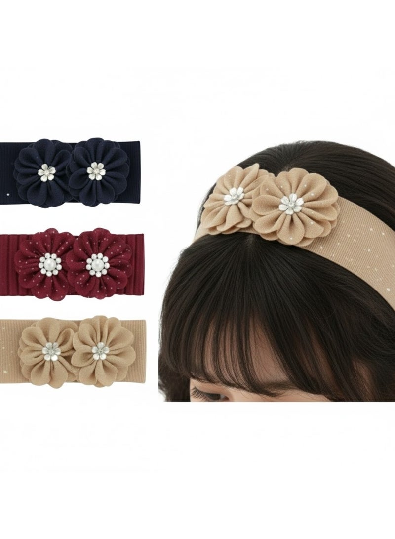 Dantiya Headband Set For Baby Girl  – Stretchy Elastic Headbands with Double Flower & Pearl Design, Soft Nylon Newborn Hairband, Hair Accessories set Ideal for Baby Shower Gift / Infant - 3-Pack - Image 1