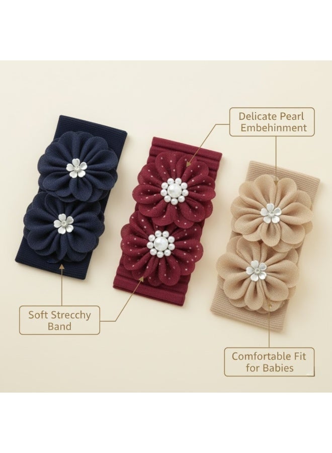 Dantiya Headband Set For Baby Girl  – Stretchy Elastic Headbands with Double Flower & Pearl Design, Soft Nylon Newborn Hairband, Hair Accessories set Ideal for Baby Shower Gift / Infant - 3-Pack - Image 2