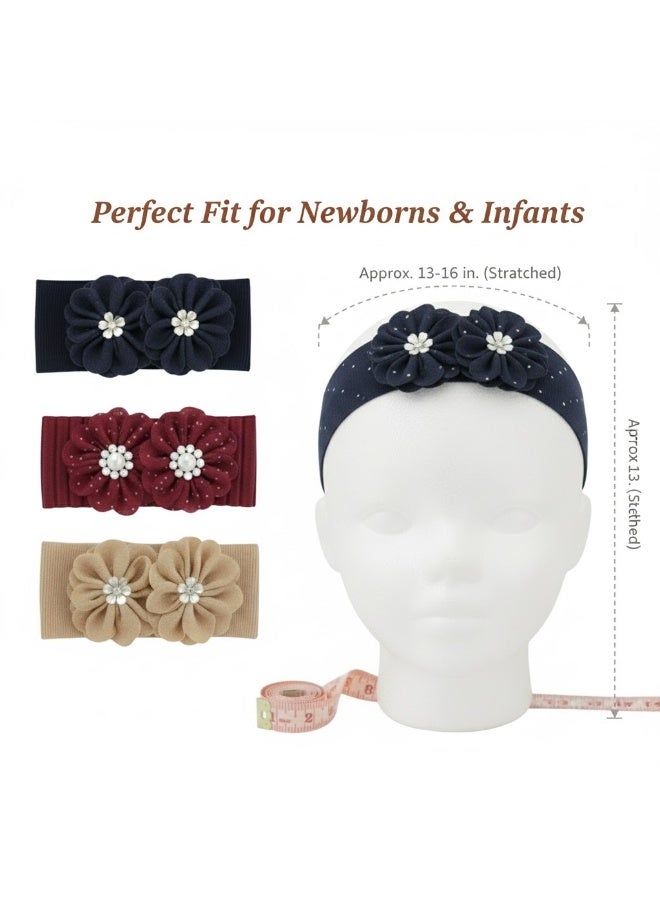 Dantiya Headband Set For Baby Girl  – Stretchy Elastic Headbands with Double Flower & Pearl Design, Soft Nylon Newborn Hairband, Hair Accessories set Ideal for Baby Shower Gift / Infant - 3-Pack - Image 3