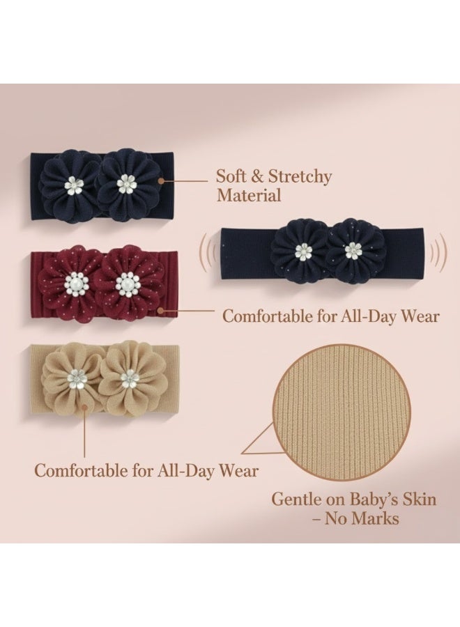 Dantiya Headband Set For Baby Girl  – Stretchy Elastic Headbands with Double Flower & Pearl Design, Soft Nylon Newborn Hairband, Hair Accessories set Ideal for Baby Shower Gift / Infant - 3-Pack - Image 4