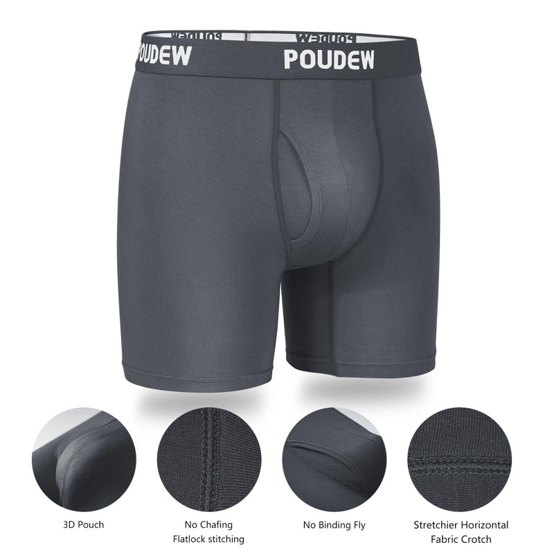 POUDEW Men's Breathable Viscose Moisture Wicking No Roll Waistband Tagless Underwear Boxer Briefs, Pack of 5 (Medium, Black/Grey/Navy/Blue/Red) - Image 4