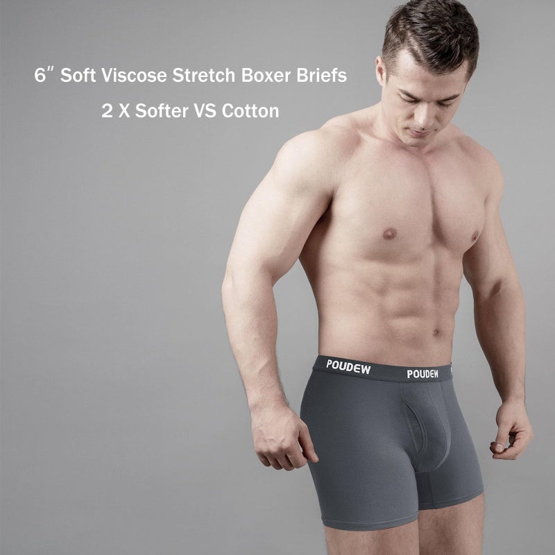 POUDEW Men's Breathable Viscose Moisture Wicking No Roll Waistband Tagless Underwear Boxer Briefs, Pack of 5 (Medium, Black/Grey/Navy/Blue/Red) - Image 2