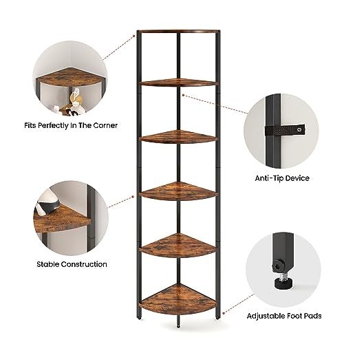 IRCPEN 6 Tier Corner Shelf 63.1" Tall Corner Shelves stand Ladder shelf metal Standing Bookshelf Organizer Display Rack Bookcase Plant Stand Industrial style for Living Room Bedroom rustic Brown CS-001RB - Image 5