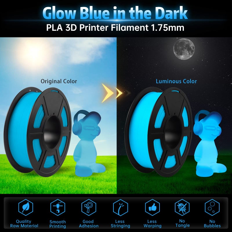 SUNLU Glow in The Dark PLA Filament, Neatly Wound Luminous PLA 3D Printer Filament 1.75mm Dimensional Accuracy +/- 0.02mm, Fit Most FDM 3D Printers, 1kg Spool (2.2lbs), (Blue PLA, Glow Blue) - Image 2