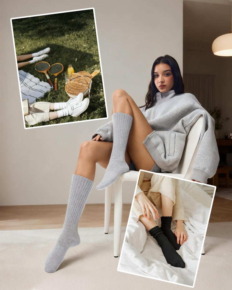 FITRELL Slouch Socks for Women, 3 Pairs Soft Cotton Knee High Scrunch Tube Boot Socks, White+Light Grey+Black, Small-Medium - Image 5