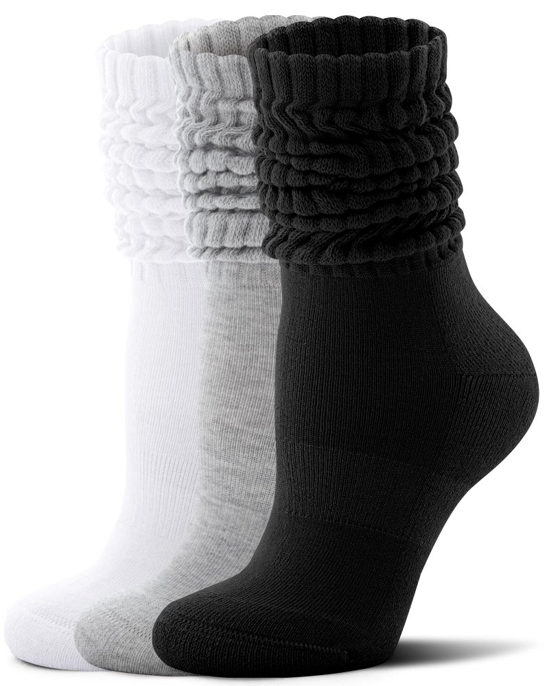 FITRELL Slouch Socks for Women, 3 Pairs Soft Cotton Knee High Scrunch Tube Boot Socks, White+Light Grey+Black, Small-Medium - Image 1