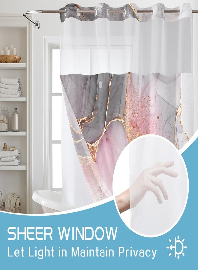 LB No Hook Shower Curtain with Snap in Liner Pink Marble Shower Curtain for Bathroom Abstract Pink and Grey Marble Textured Bathroom Curtains Shower Set, 72x74 inches Shower Curtain and Liner Set - Image 4