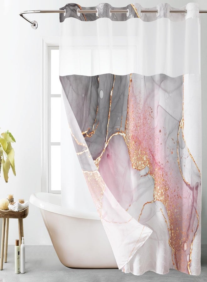 LB No Hook Shower Curtain with Snap in Liner Pink Marble Shower Curtain for Bathroom Abstract Pink and Grey Marble Textured Bathroom Curtains Shower Set, 72x74 inches Shower Curtain and Liner Set - Image 2