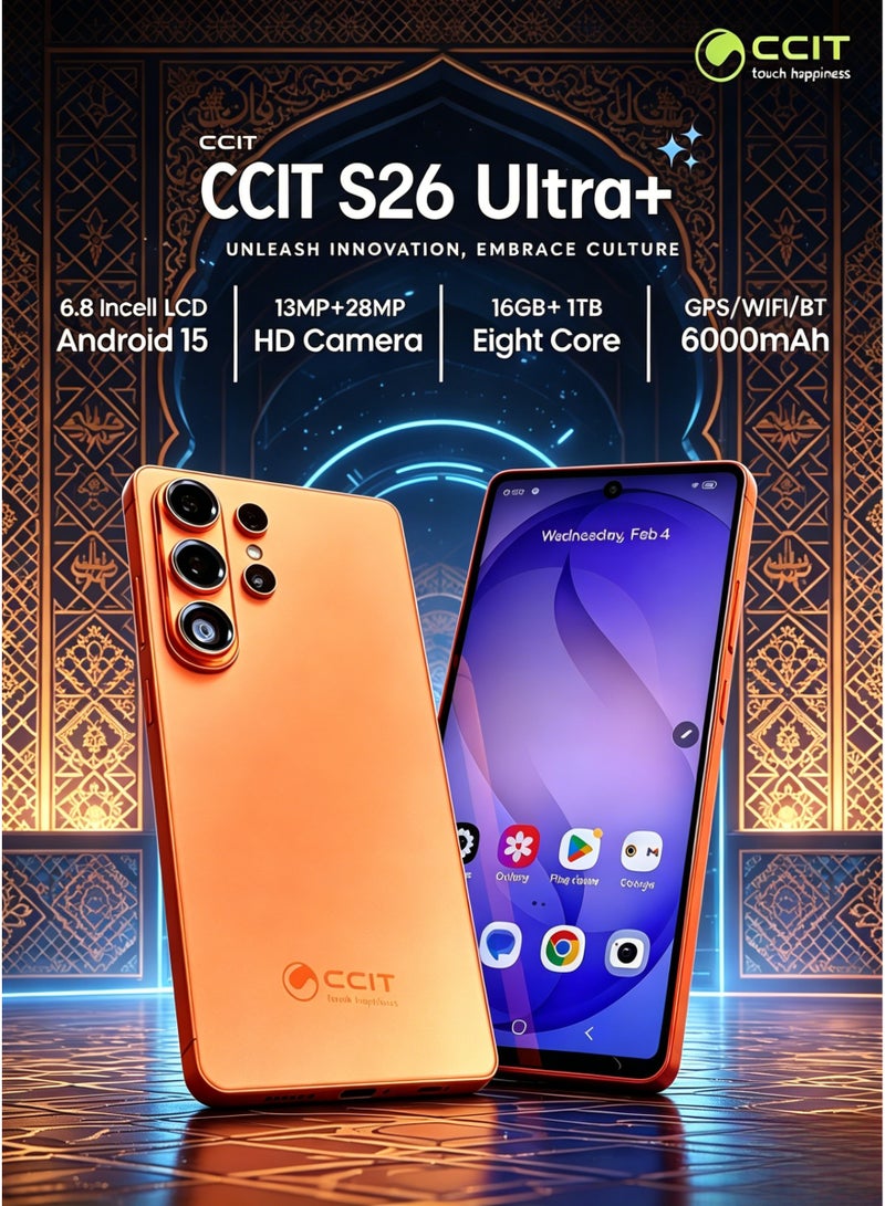 CCIT S26 Ultra+ Smartphone, 6.8-inch Incell LCD, 16GB RAM + 1TB ROM, 13MP+28MP Camera, Android 15, 6000mAh Battery, Orange - Image 4